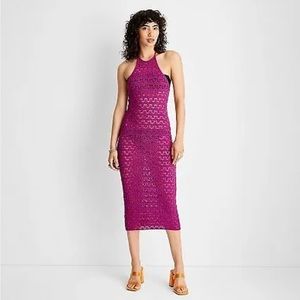 Women's Halter Tie Neck Open Knit Crochet Midi Sweater Dress - Future collective